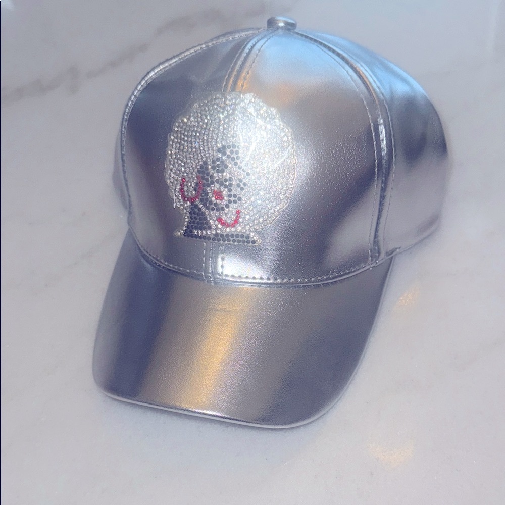 Silver Vegan Leather Cap with Rhinestone Design - Picture 3 of 5